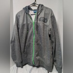 Star Wars Heather Gray Hoodie with Neon Green Zipper. Whimsical Grunge